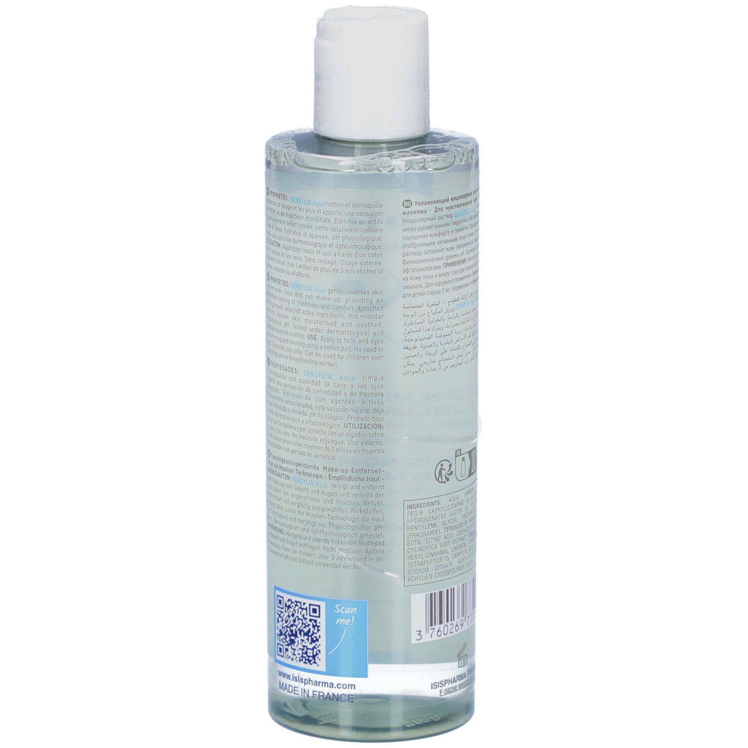 Rückseite einer transparenten Flasche. Text in mehreren Sprachen. Barcode und QR-Code.