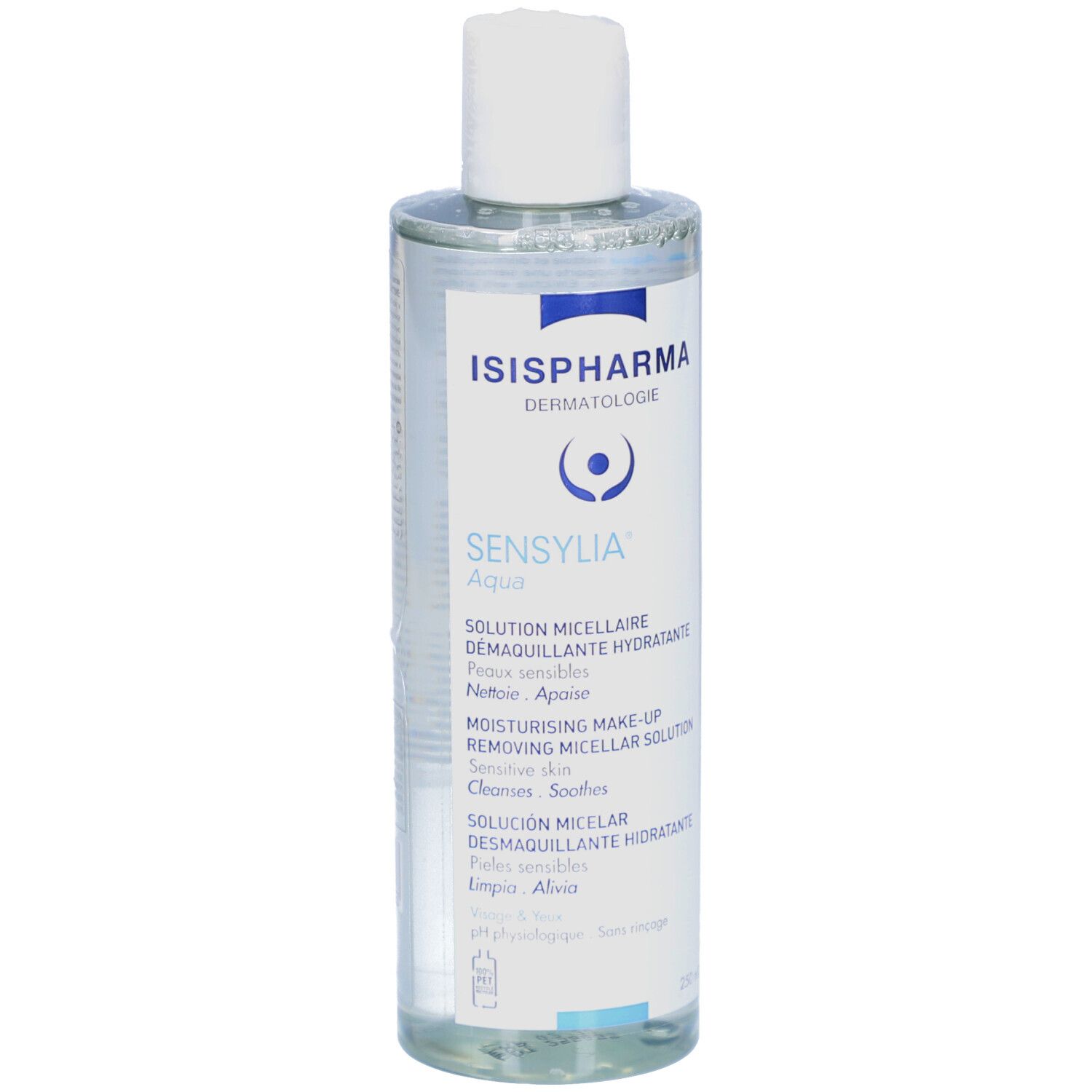 Klare Flasche mit weißem Deckel. Aufschrift: ISISPHARMA Sensylia Aqua. Produktbeschreibung in mehreren Sprachen.