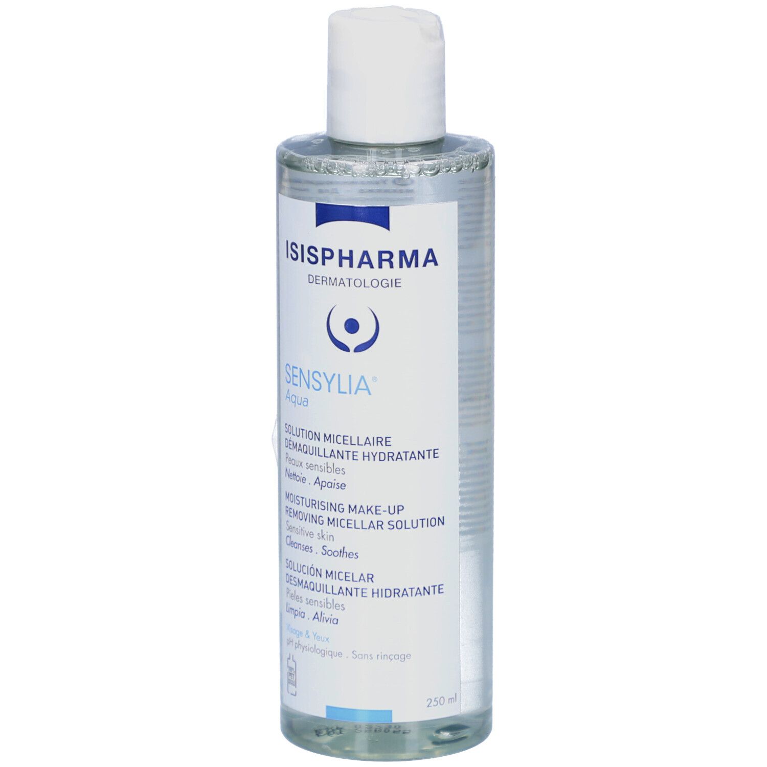 Klare Flasche mit weißem Deckel. Aufschrift: ISISPHARMA Sensylia Aqua. Produktbeschreibung in mehreren Sprachen.