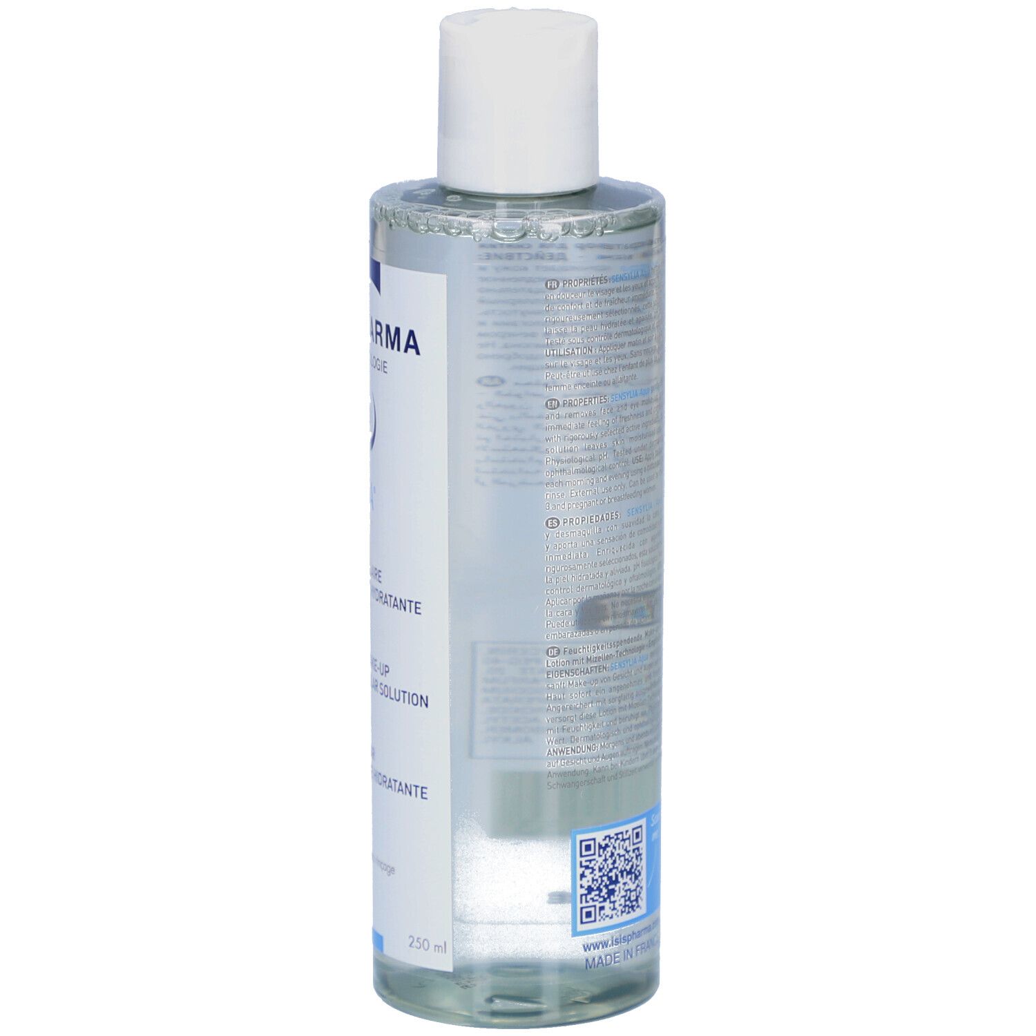 Rückseite einer transparenten Flasche. Text in mehreren Sprachen. Barcode und QR-Code.