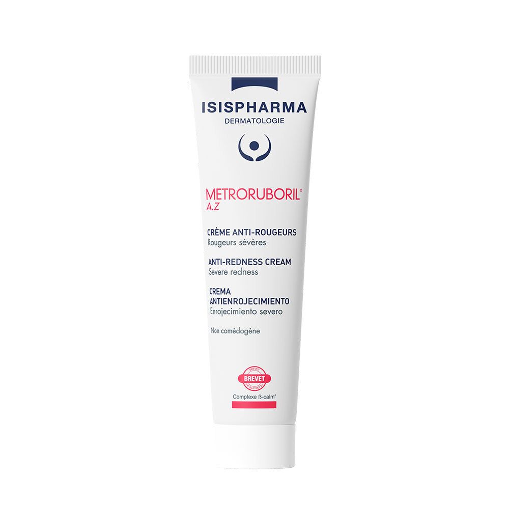 Tube de crème Metroruboril A.Z. d'ISISPHARMA. Crème anti-rougeurs pour peaux sensibles. Tube blanc avec texte rouge.