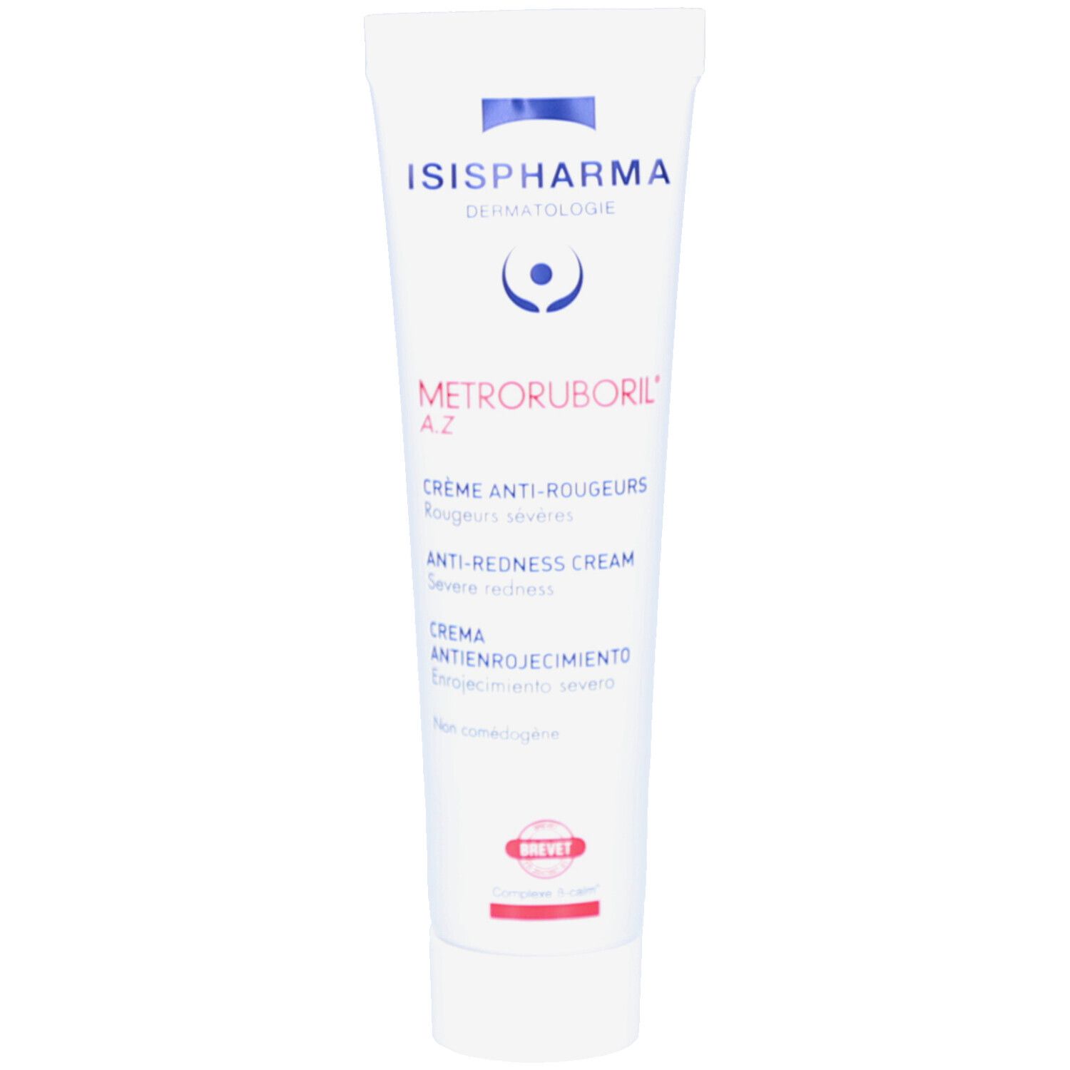 Tube de crème Metroruboril A.Z. d'ISISPHARMA. Crème anti-rougeurs. Tube blanc avec texte rouge. Nom du produit et marque visibles.