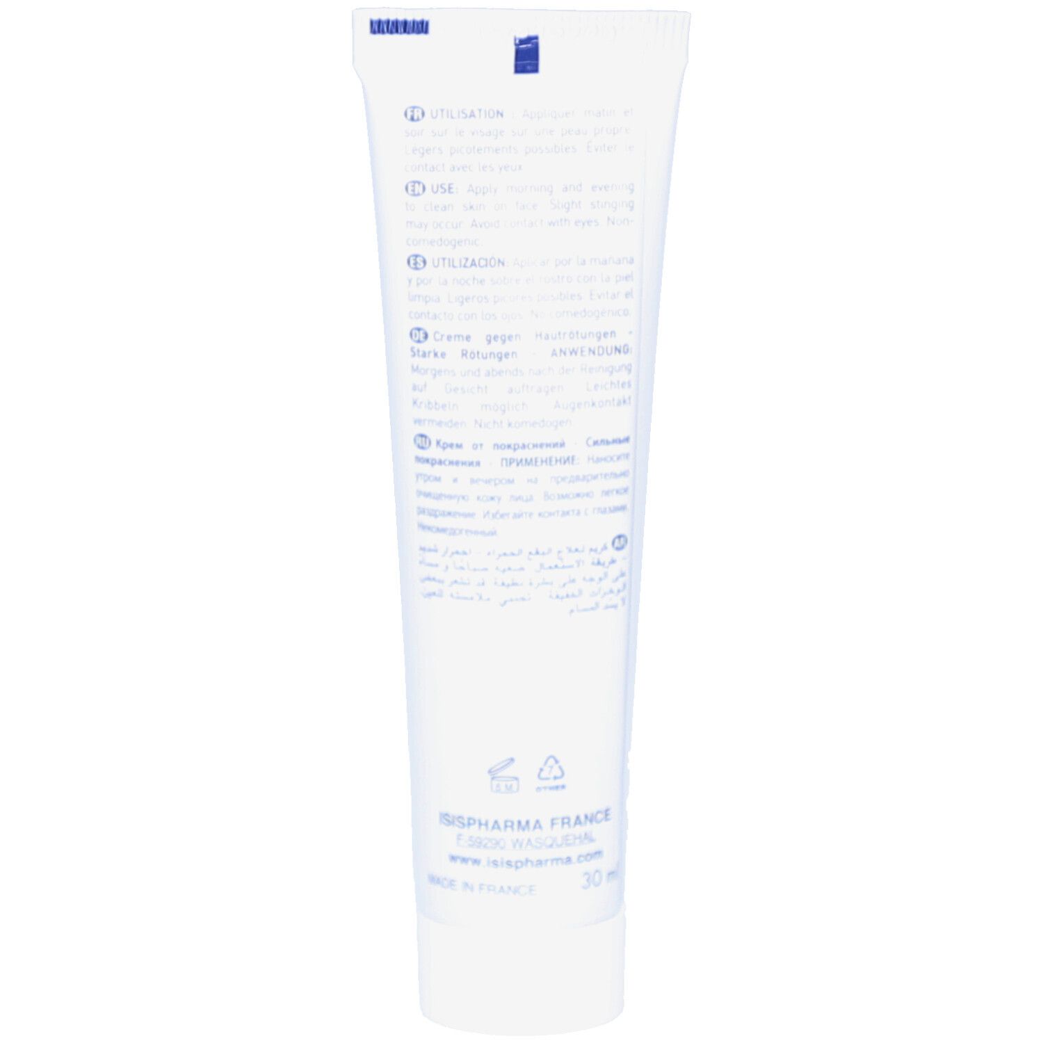 Dos du tube de crème Metroruboril A.Z. d'ISISPHARMA. Informations d'utilisation en plusieurs langues.