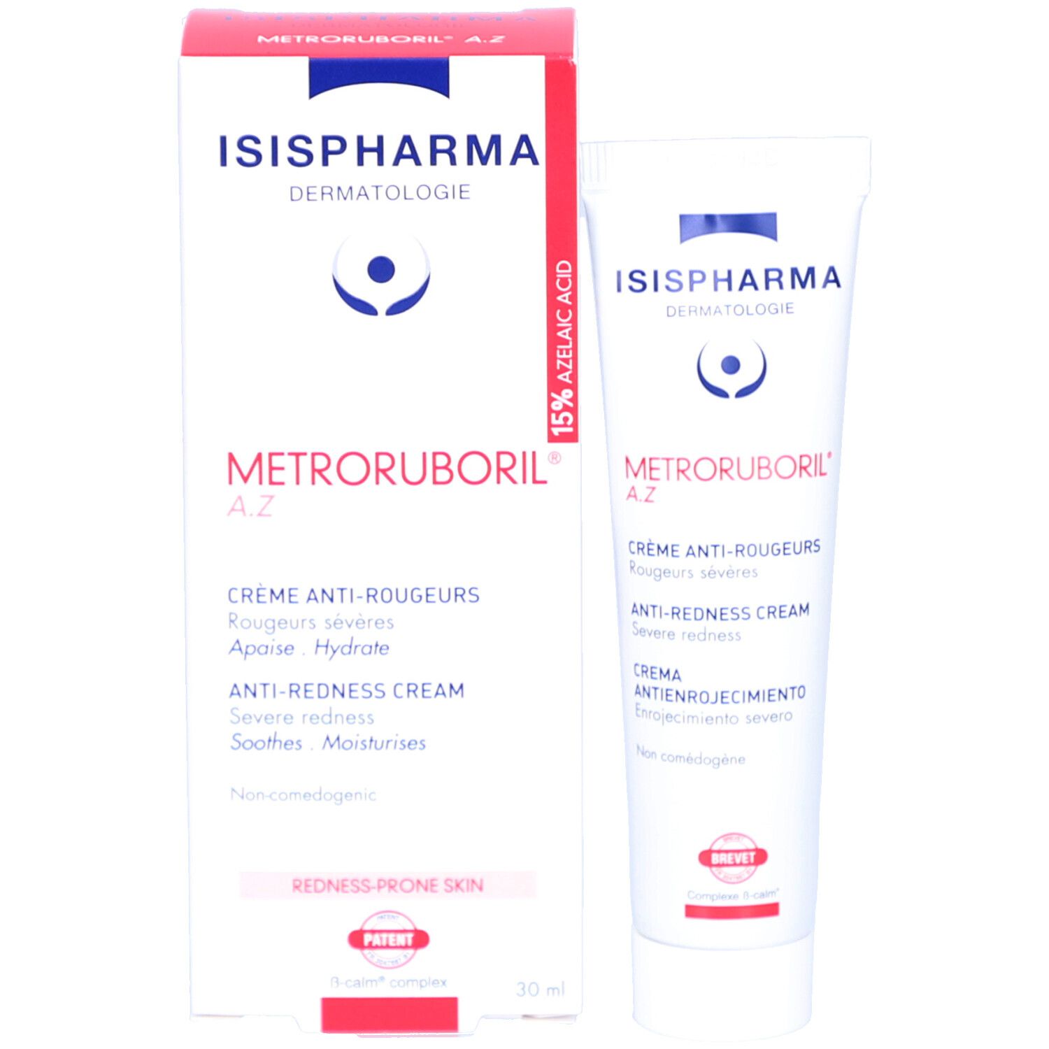 Emballage et tube Metroruboril A.Z. d'ISISPHARMA. Emballage avec nom et description du produit. Tube à côté.