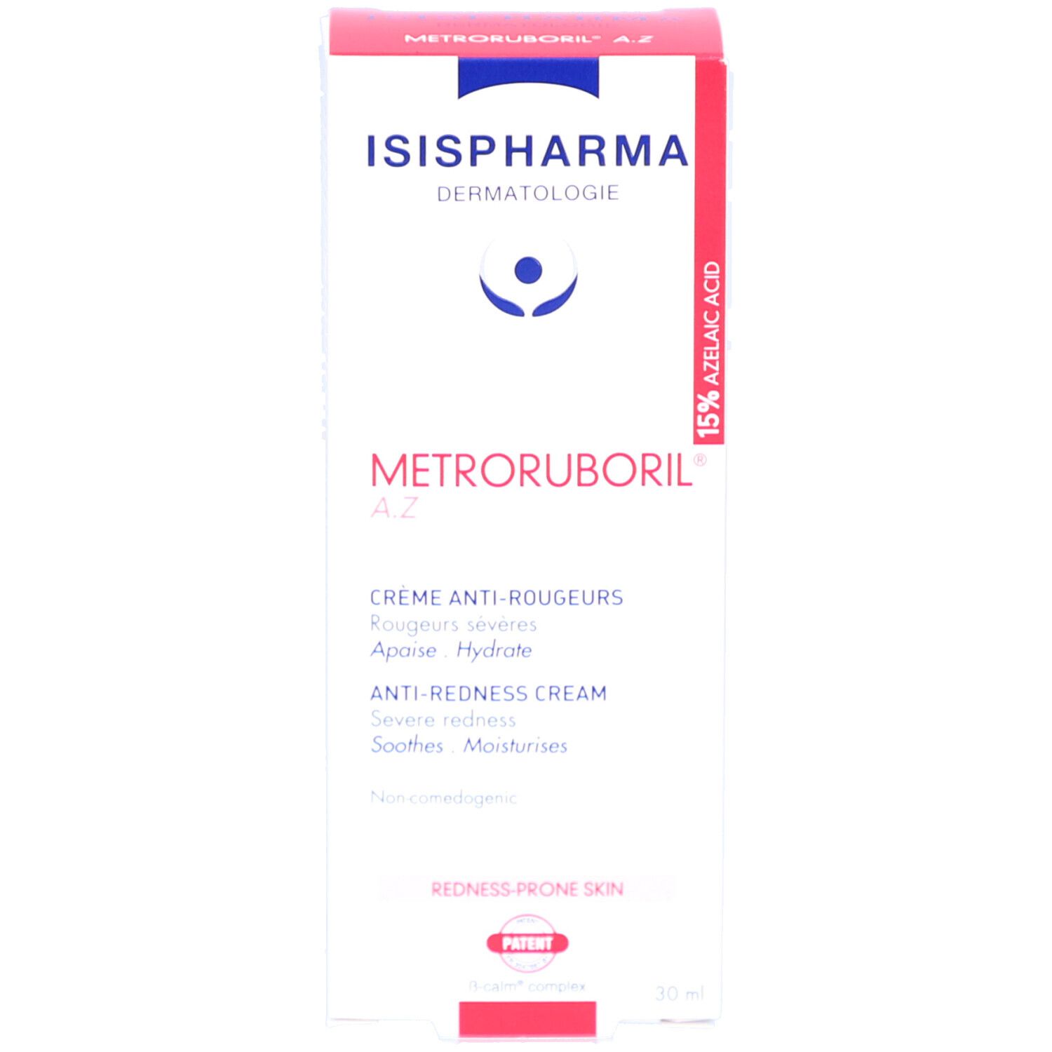 Emballage du produit Metroruboril A.Z. d'ISISPHARMA. Emballage rouge et blanc avec nom et description du produit.