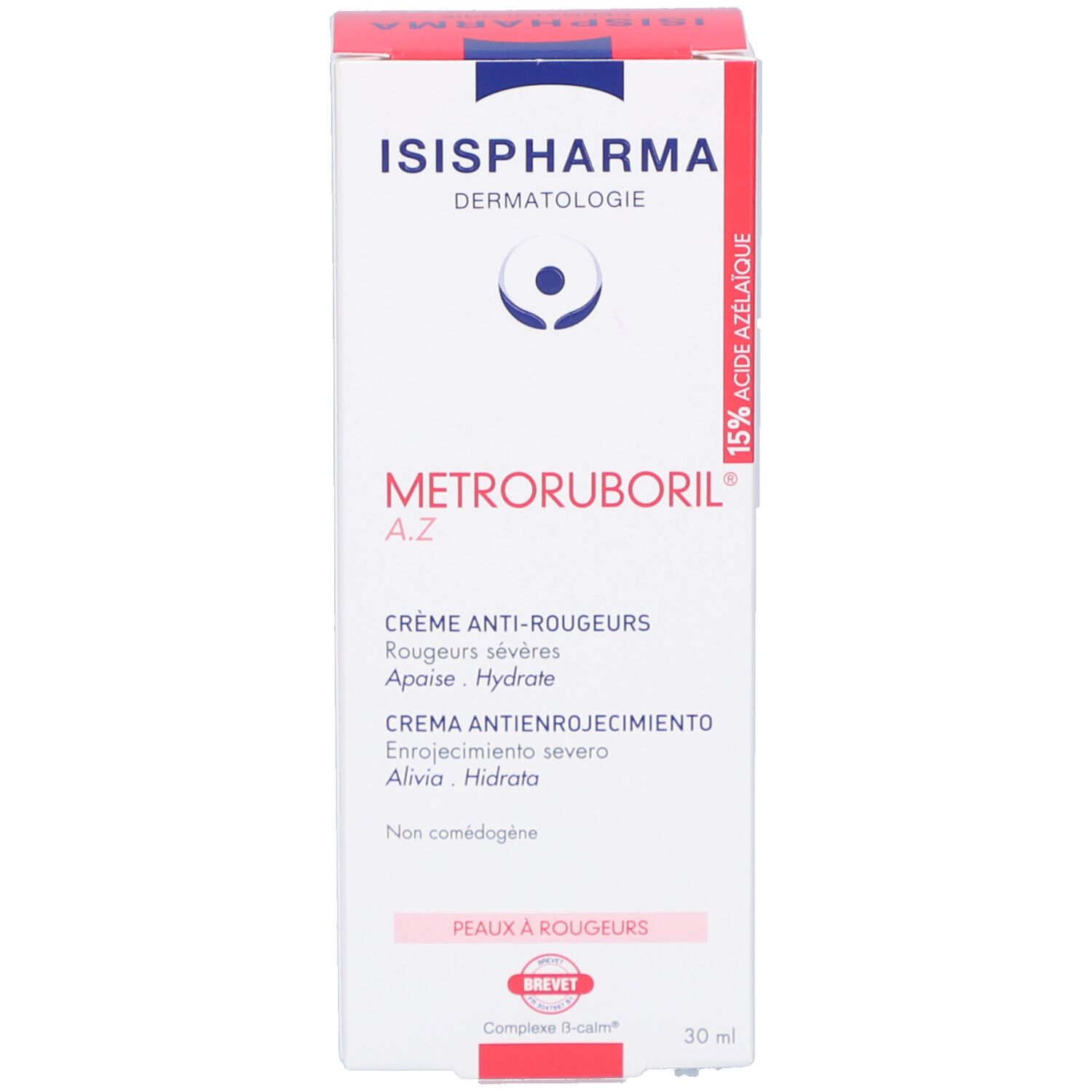 Emballage du produit Metroruboril A.Z. d'ISISPHARMA. Emballage rouge et blanc avec nom et description du produit.