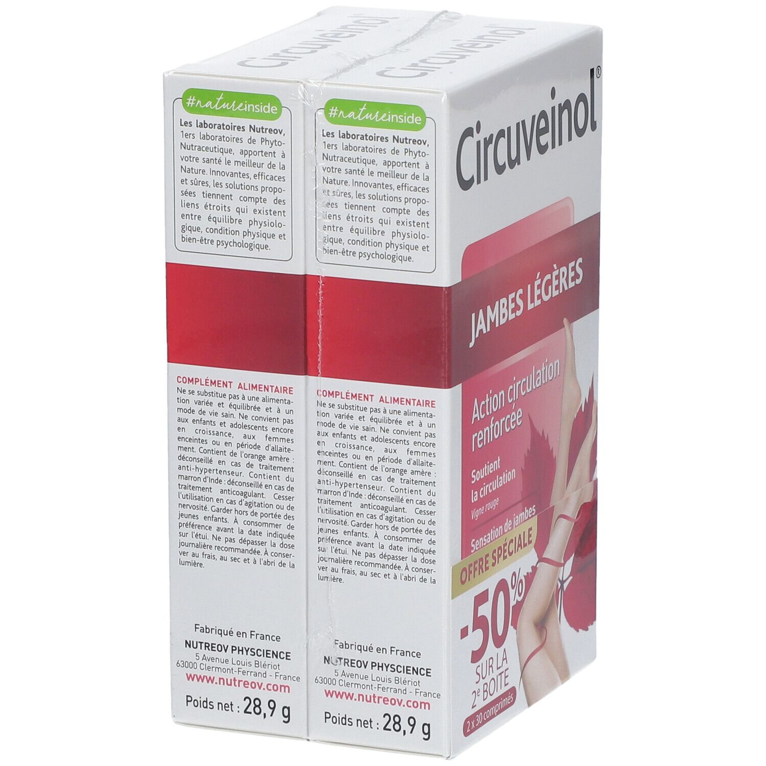 Deux boîtes de Circuveinol® attachées. Inscription: Jambes Légères, -50% sur la 2e boîte. Texte et logo.
