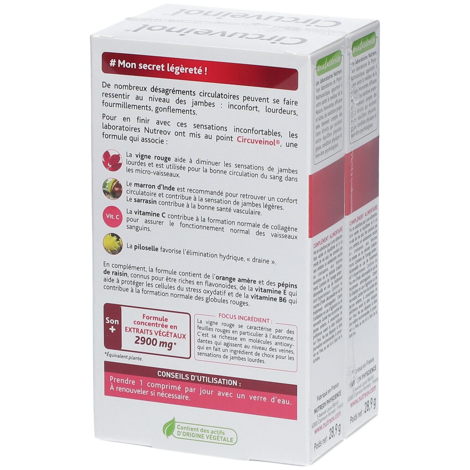 Dos de la boîte de Circuveinol®. Texte sur les ingrédients et l'utilisation. Logo et illustration de feuilles.