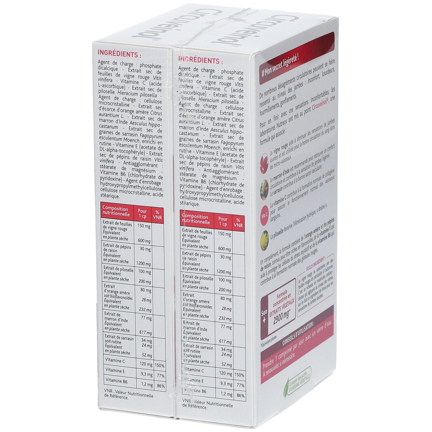 Dos de la boîte de Circuveinol®. Liste des ingrédients et informations nutritionnelles. Texte et logo.