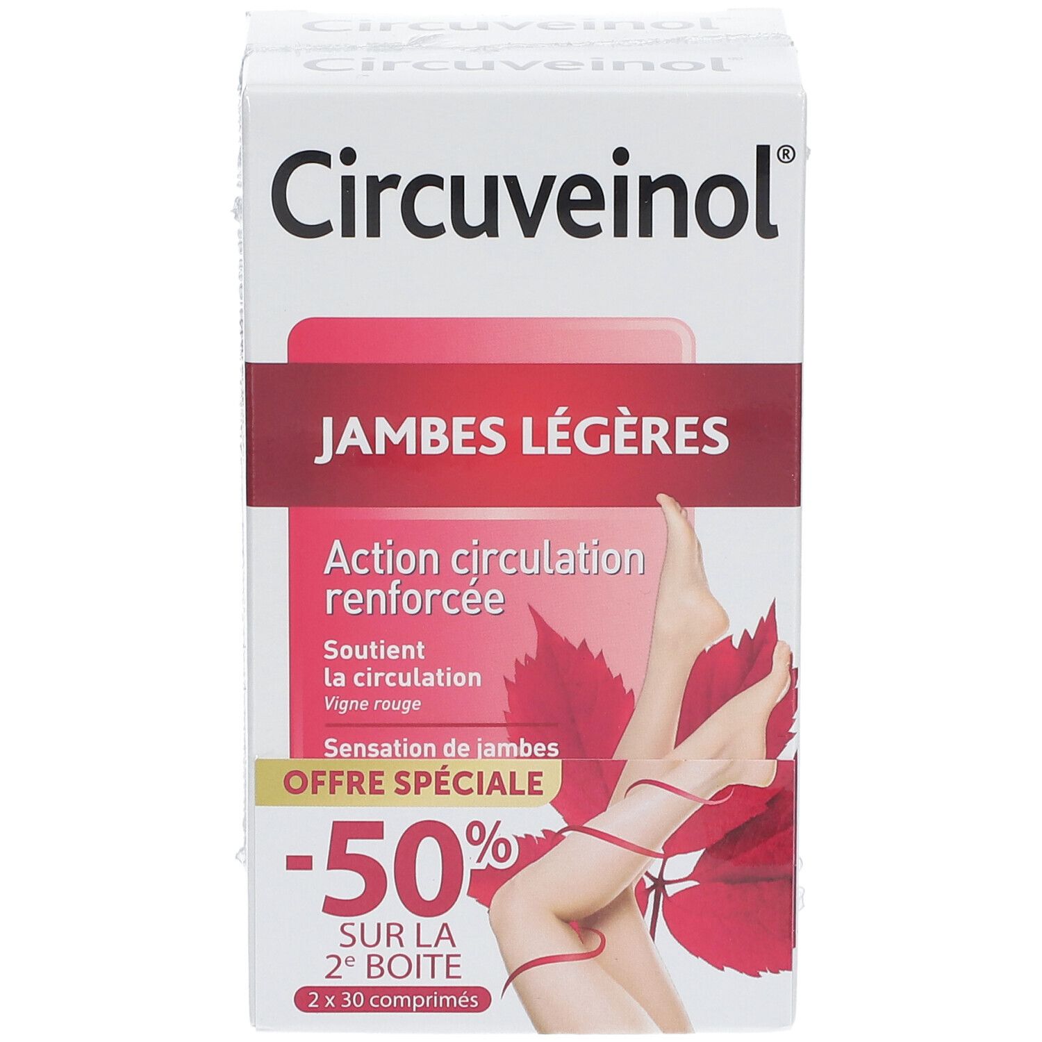Boîte de Circuveinol®. Inscription: Jambes Légères, -50% sur la 2e boîte. Illustration de jambes et feuille de vigne rouge.