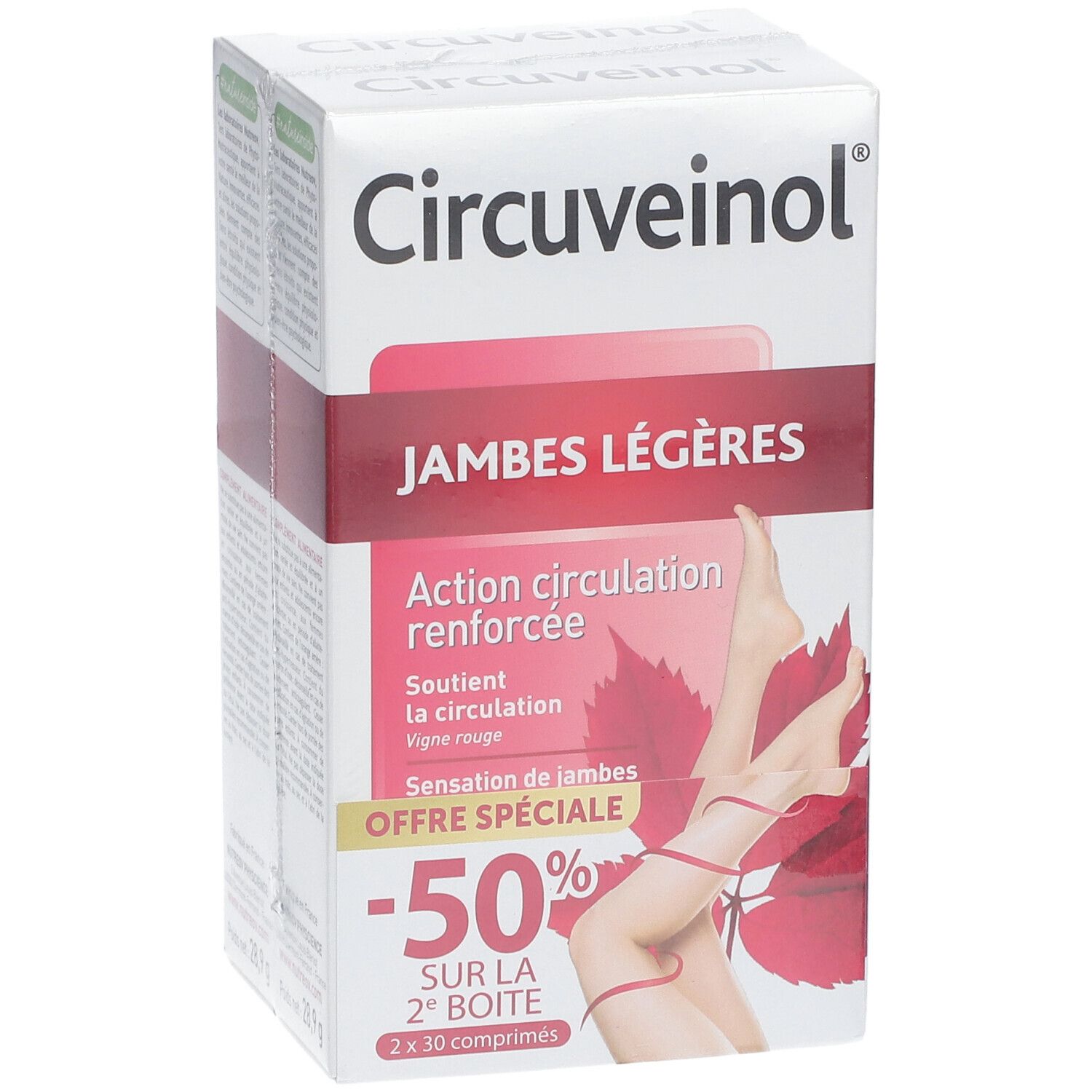 Boîte de Circuveinol®. Inscription: Jambes Légères, -50% sur la 2e boîte. Illustration de jambes et feuille de vigne rouge.