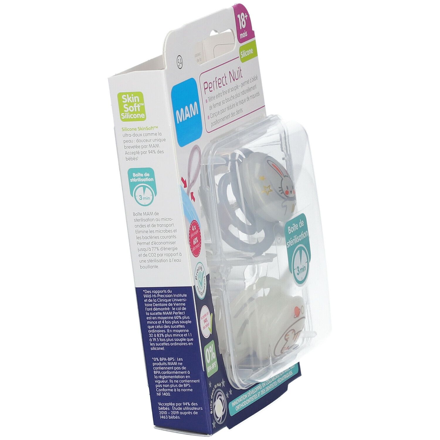 Verpackung mit zwei Schnullern. MAM Perfect Nuit, 18+ Monate. Silikon. Sterilisierbox. Produkt von der Seite betrachtet.
