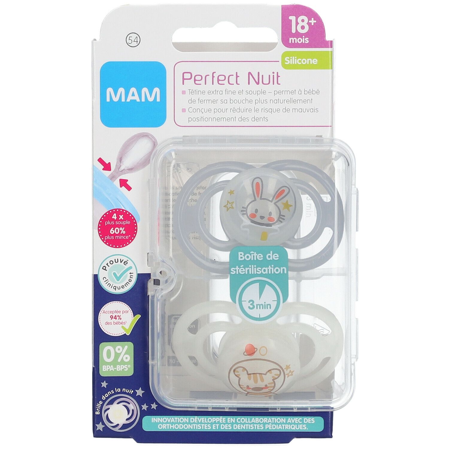 Verpackung mit zwei Schnullern. MAM Perfect Nuit, 18+ Monate. Silikon. Mit Hasen- und Bärenmotiven. Sterilisierbox enthalten.