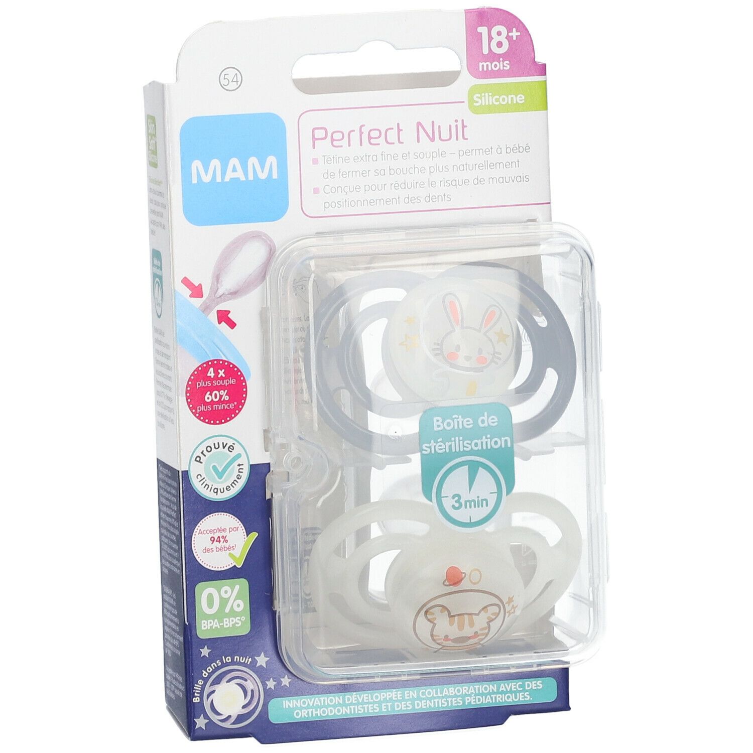 Verpackung mit zwei Schnullern. MAM Perfect Nuit, 18+ Monate. Silikon. Mit Hasen- und Bärenmotiven. Sterilisierbox enthalten.