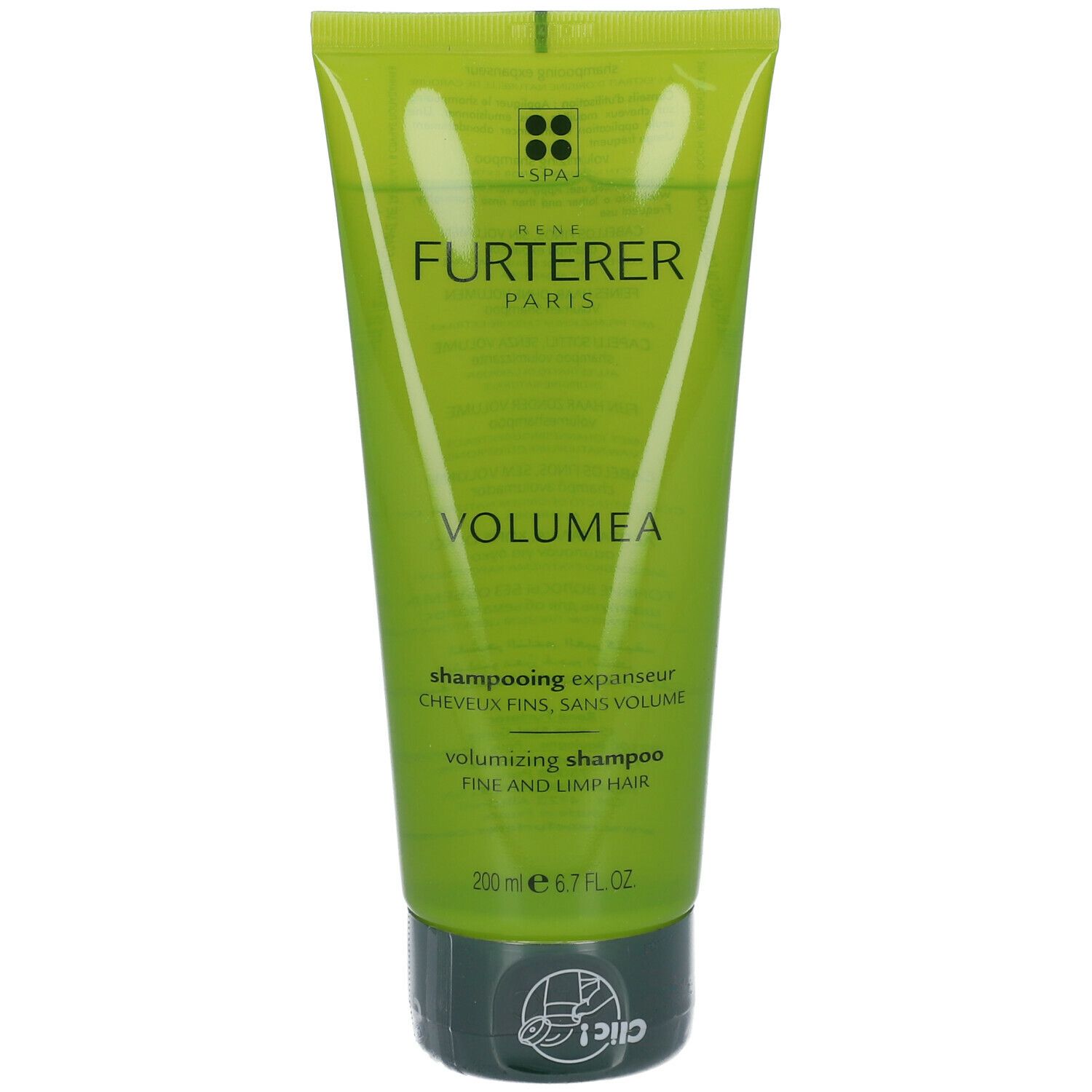 Grüne Tube mit Shampoo. Aufschrift: René Furterer Paris, VOLUMEA. Text: Shampooing expanseur, cheveux fins, sans volume. 200 ml.