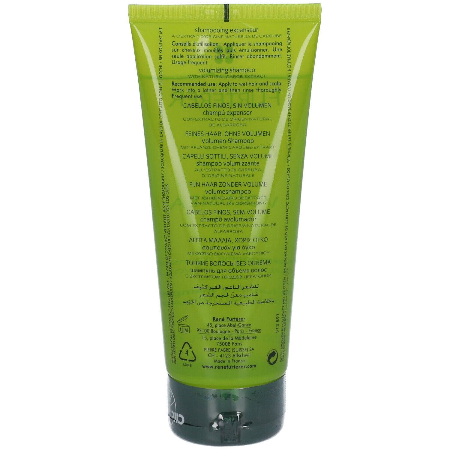 Rückseite der grünen Shampoo-Tube. Text in mehreren Sprachen. Anwendungshinweise. Inhaltsstoffe. Recycling-Symbol.