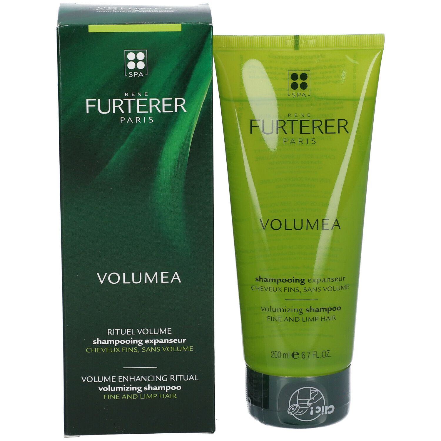Grüne Schachtel und Tube mit Shampoo. Aufschrift: René Furterer Paris, VOLUMEA. Text: Rituel volume, cheveux fins, sans volume.