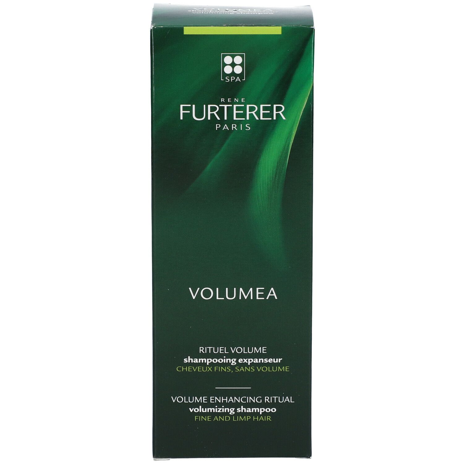 Grüne Schachtel mit Shampoo. Aufschrift: René Furterer Paris, VOLUMEA. Text: Rituel volume, cheveux fins, sans volume.