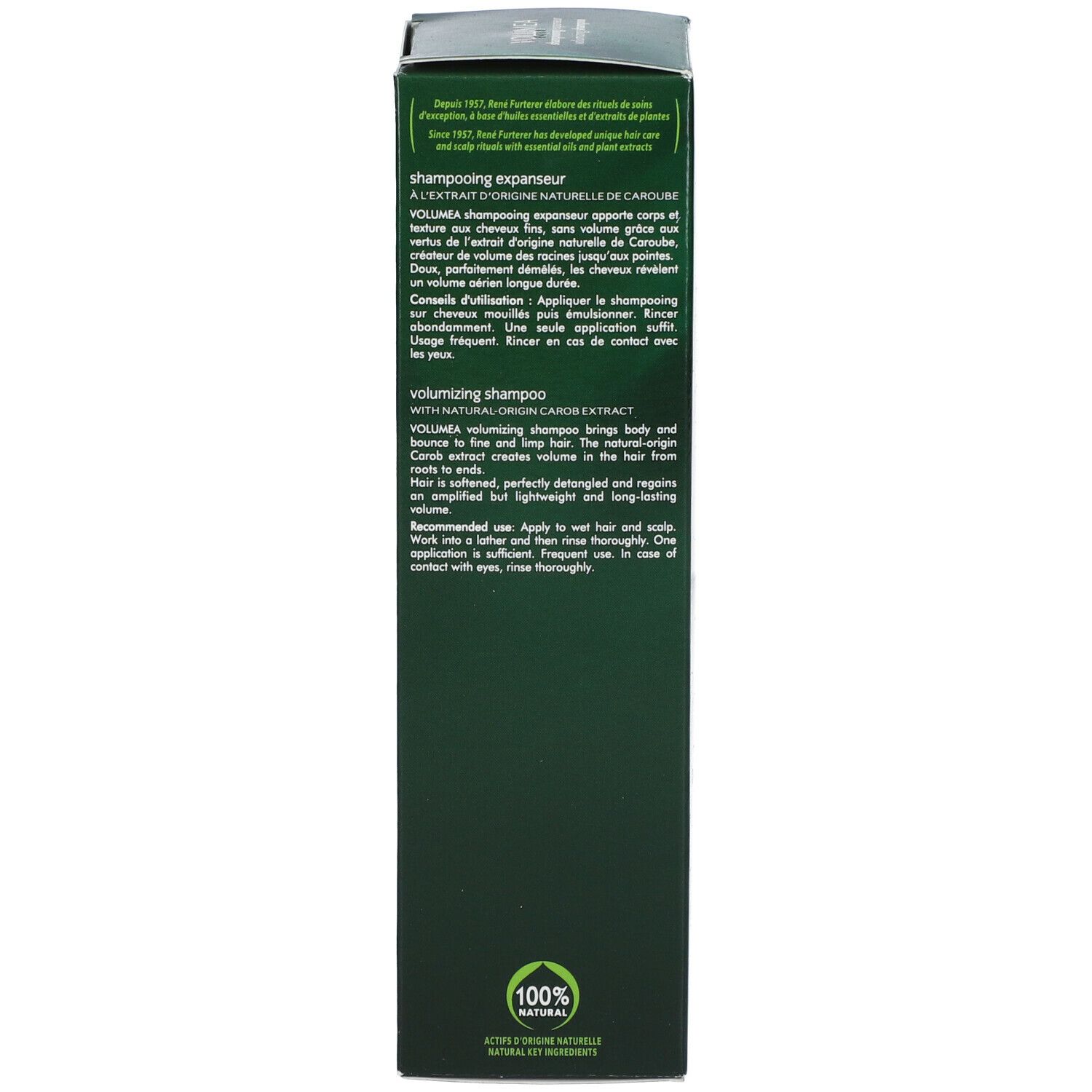 Rückseite der grünen Schachtel. Text in mehreren Sprachen. Anwendungshinweise. Inhaltsstoffe. 100% Natural.