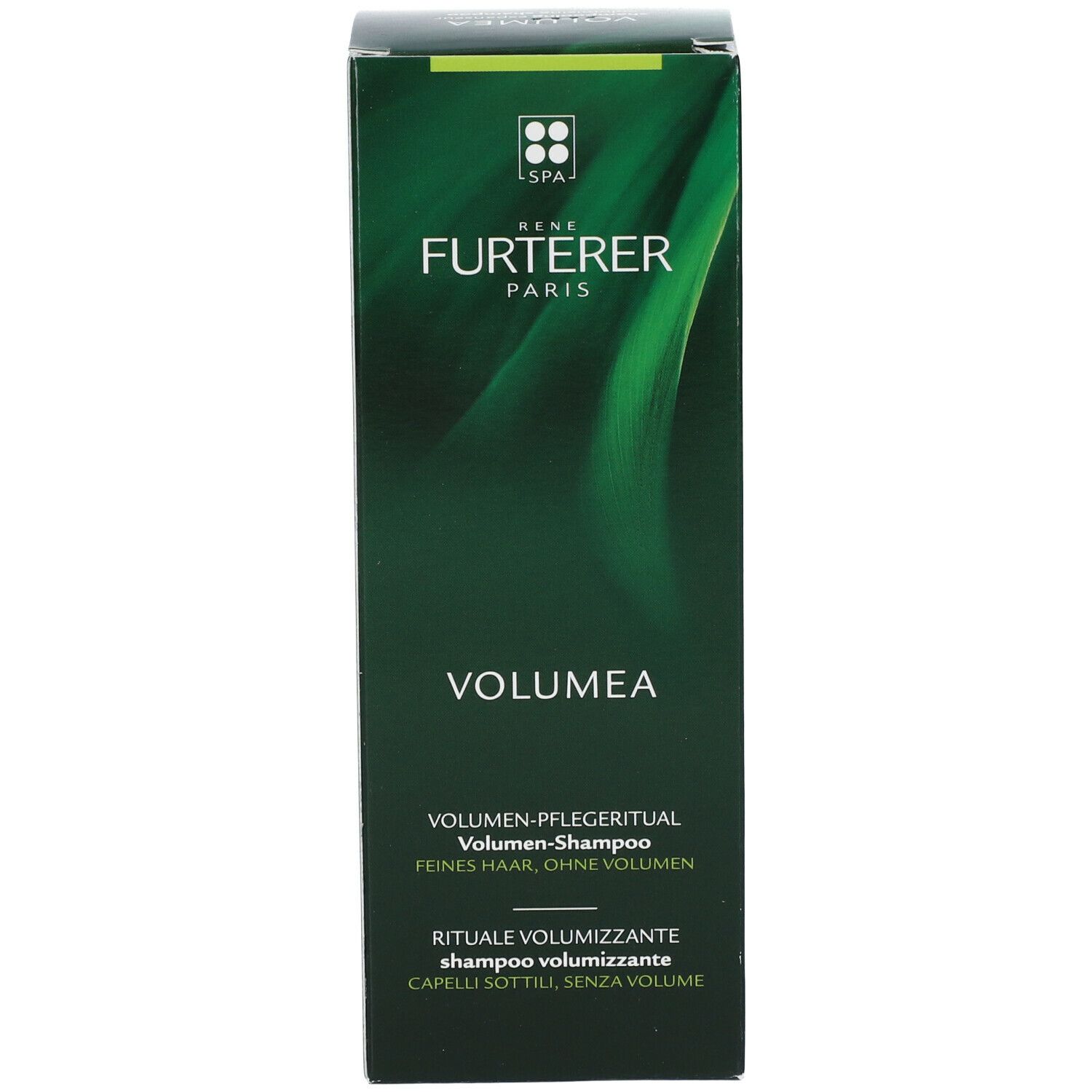 Rückseite der grünen Schachtel. Text in mehreren Sprachen. Anwendungshinweise. Inhaltsstoffe. 200 ml.