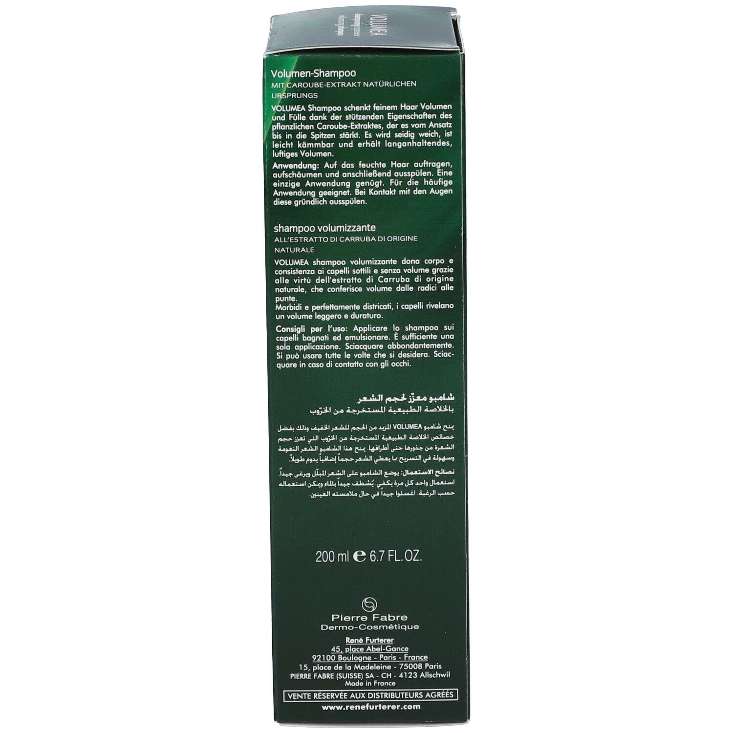 Rückseite der grünen Schachtel. Text in mehreren Sprachen. Anwendungshinweise. Inhaltsstoffe. 200 ml. Pierre Fabre.