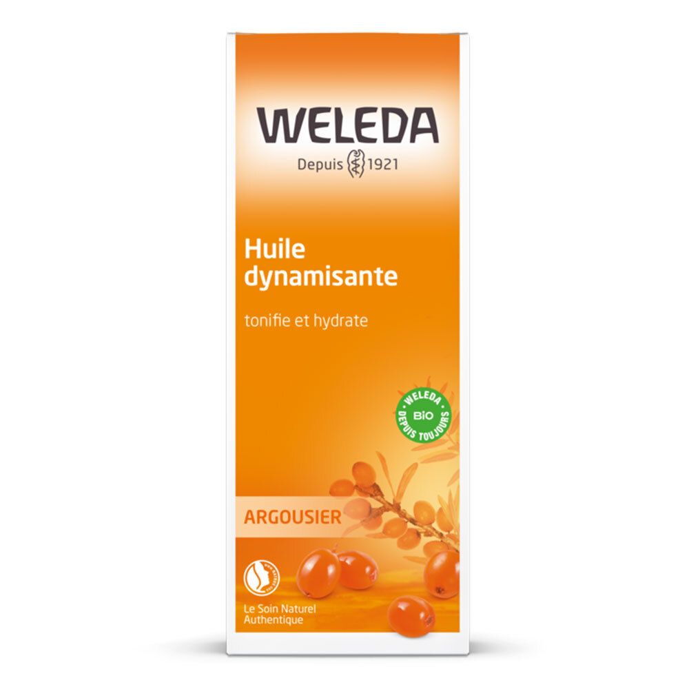 Emballage WELEDA. Boîte orange avec nom du produit et logo. Label bio et illustration d'argousier.