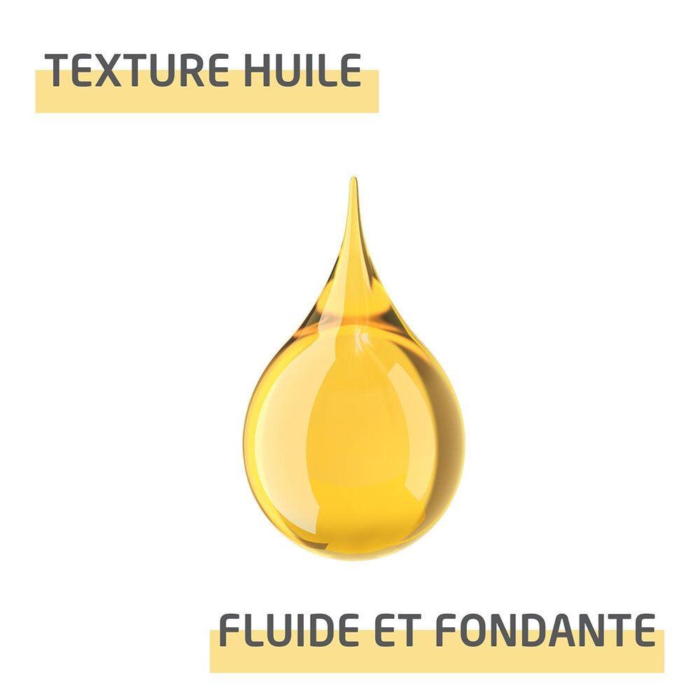 Goutte d'huile. Jaune, fluide et fondante. Texte : Texture Huile, Fluide et Fondante.