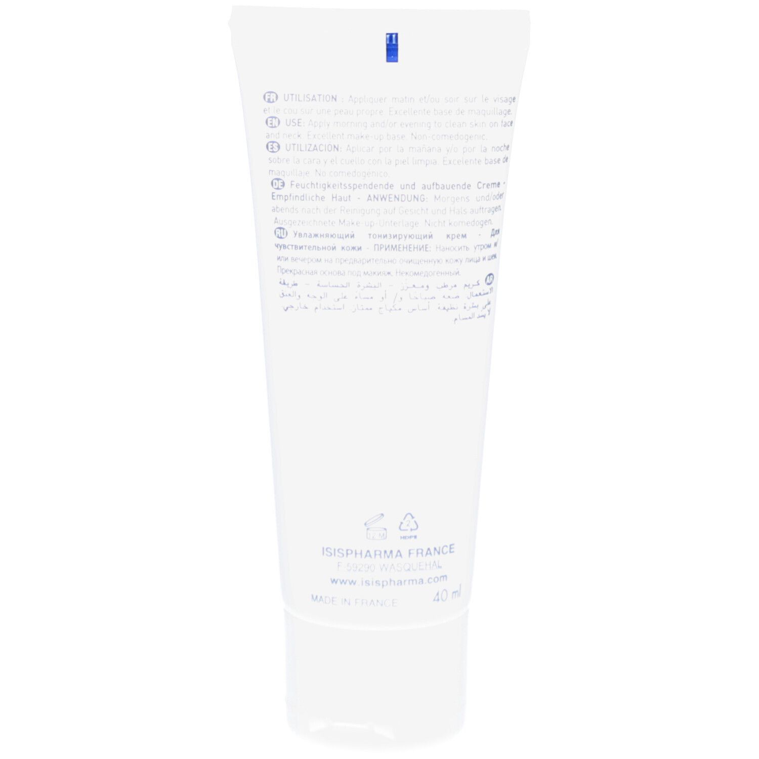 Rückseite der weißen Tube. Text in mehreren Sprachen, einschließlich Anweisungen und Herstellerinformationen.