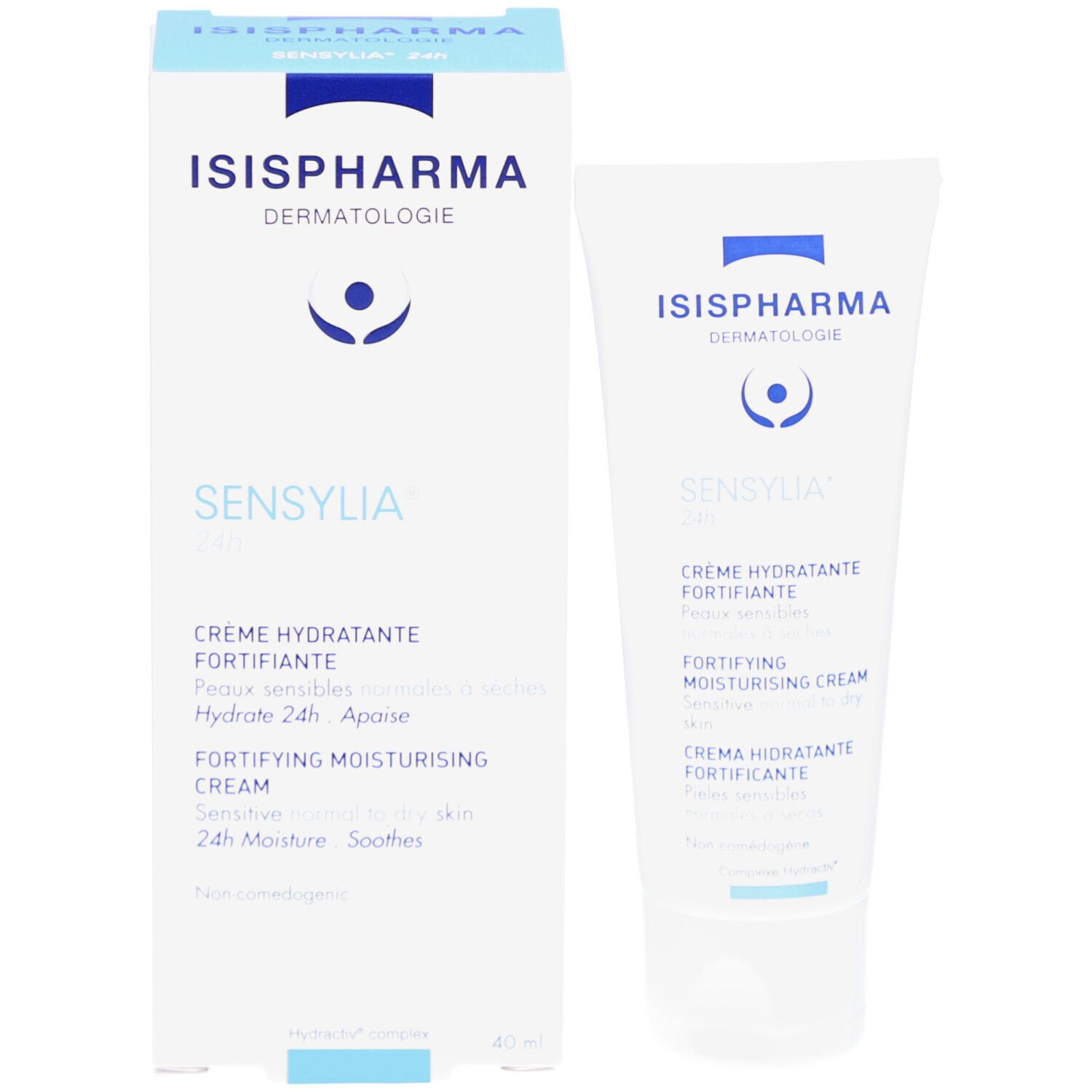 Weiße Tube und Schachtel. ISISPHARMA Sensylia 24h. Creme für empfindliche Haut. Mehrsprachiger Text.