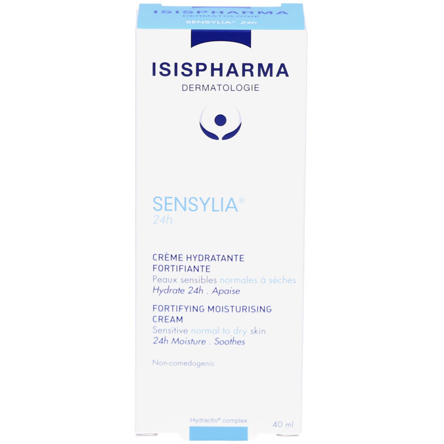 Weiße Schachtel mit ISISPHARMA-Logo und Sensylia 24h. Creme für empfindliche Haut. Mehrsprachiger Text.