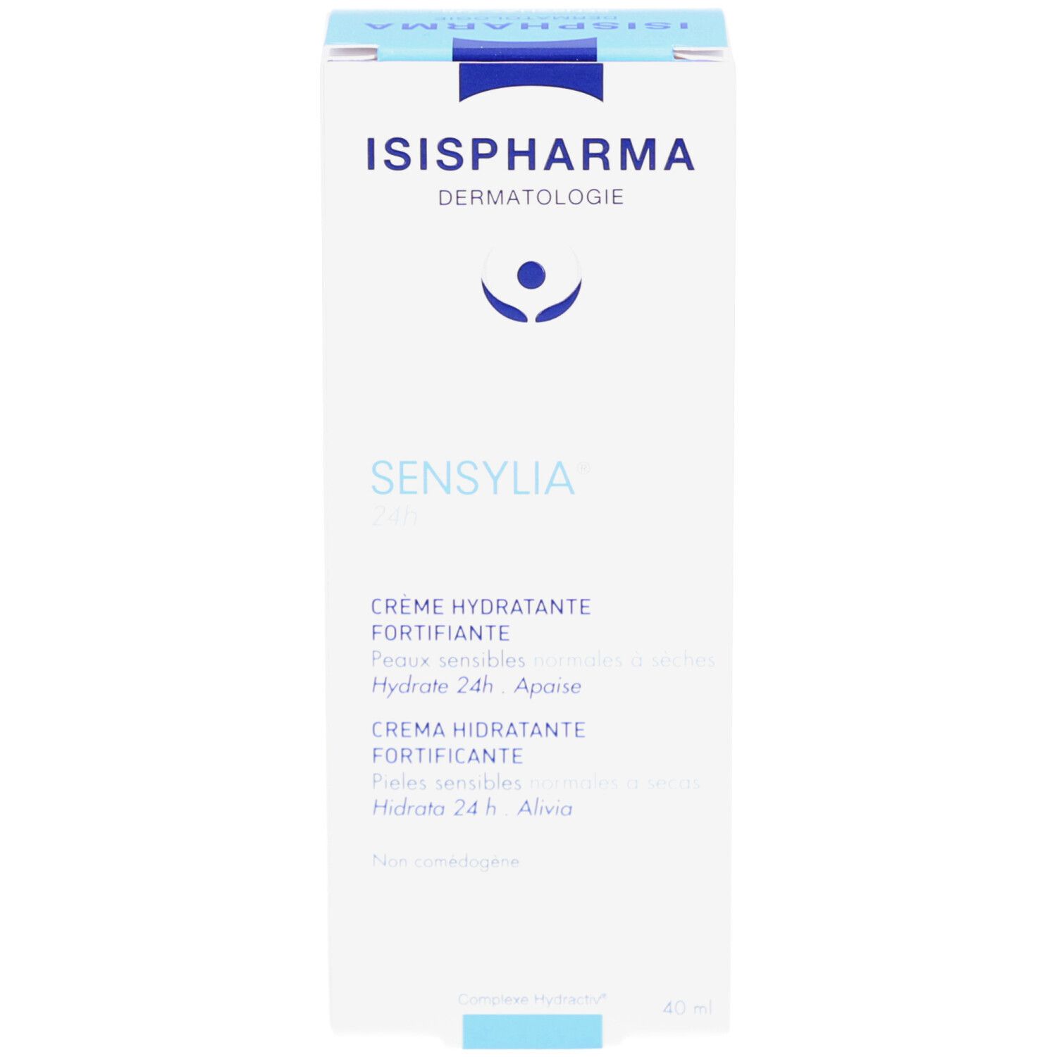 Weiße Schachtel mit ISISPHARMA-Logo und Sensylia 24h. Creme für empfindliche Haut. Mehrsprachiger Text.