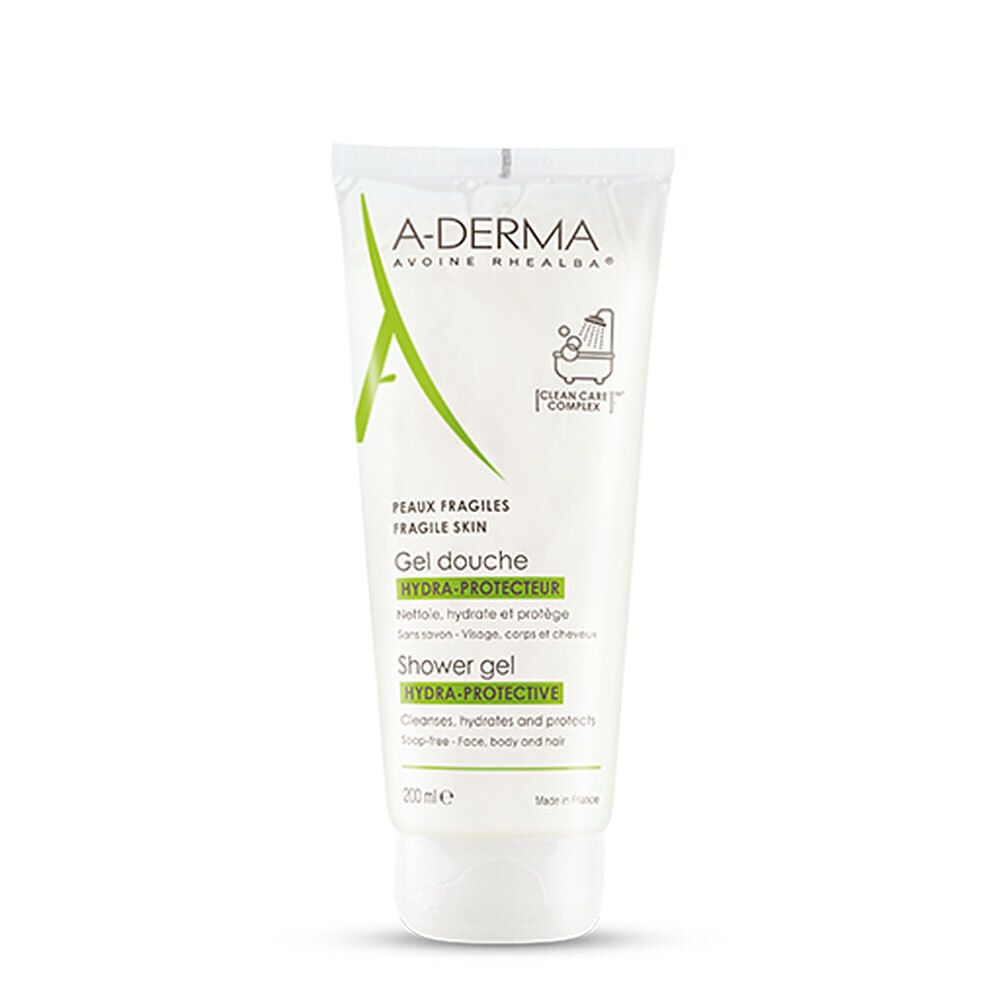 Weiß-grüne Tube Duschgel. A-DERMA-Logo, Produktname und Text für empfindliche Haut. Mit Clean Care Complex.