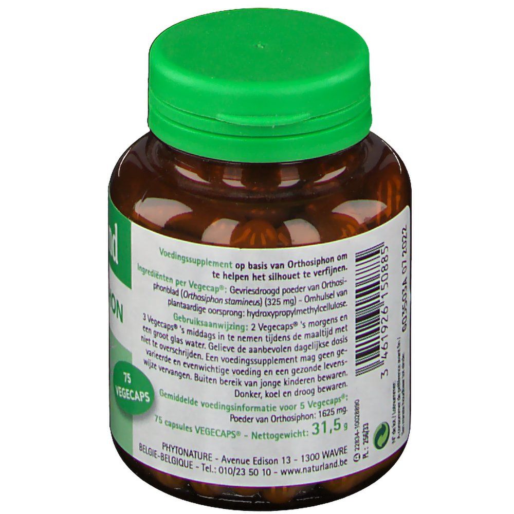 Dos du flacon avec texte. Contient des informations sur les ingrédients, l'utilisation et les informations nutritionnelles. Bouchon vert.