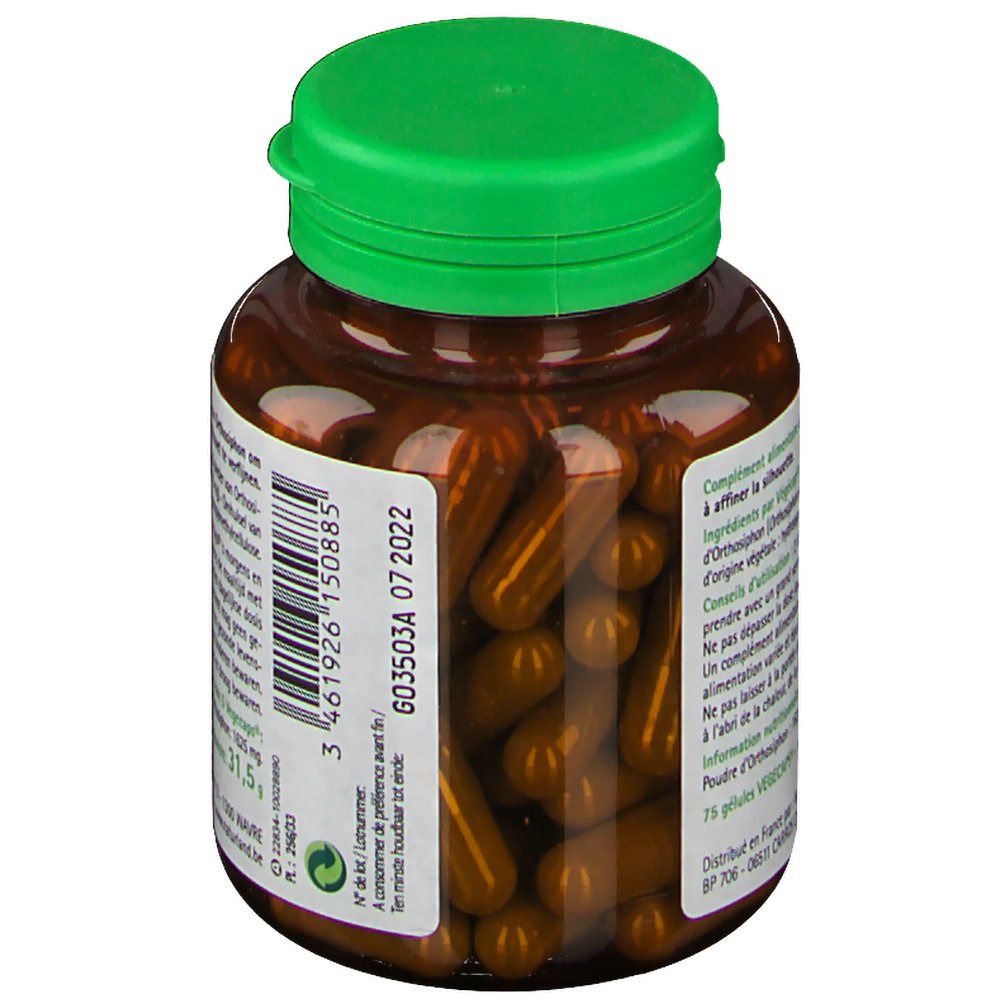 Gélules brunes dans un flacon brun avec bouchon vert. Gélules visibles. Inscription et étiquette.