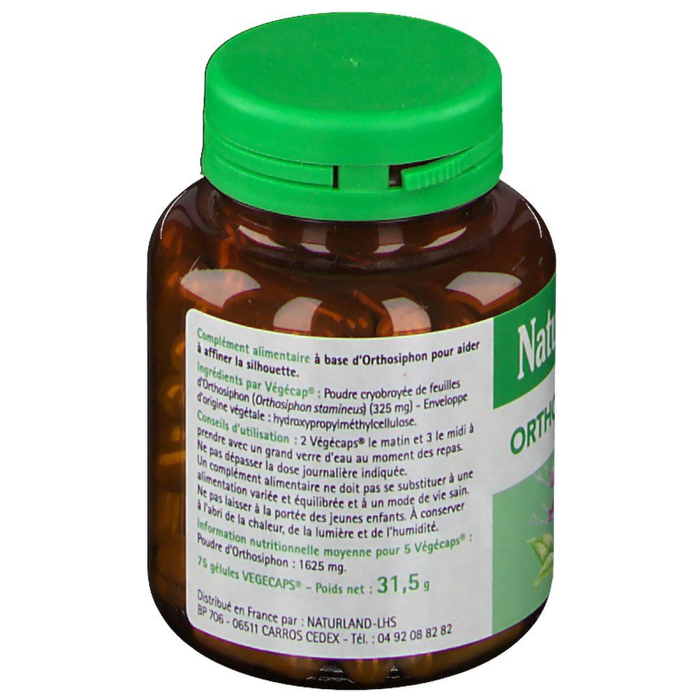 Flacon brun avec bouchon vert. Contient des gélules. Étiquette avec texte et informations nutritionnelles. Inscription Naturland ORTHOSIPHON.