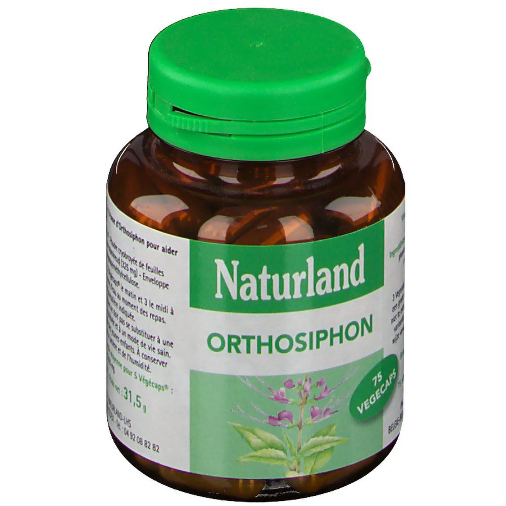 Flacon brun avec bouchon vert. Inscription Naturland ORTHOSIPHON et 75 Vegecaps. Illustration d'une plante. Étiquette.