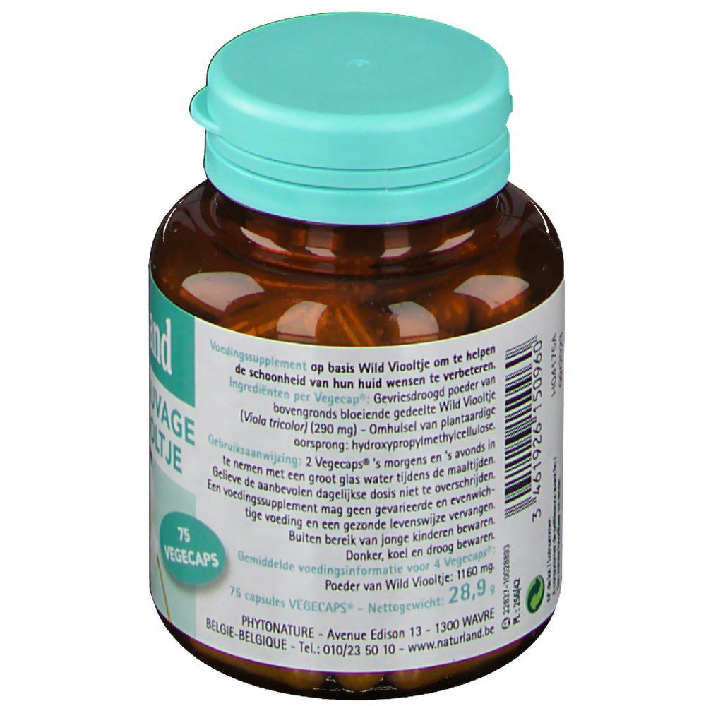 Braune Flasche mit grüner Kappe. Rückseite mit Text und Inhaltsangaben. 75 Vegecaps. Produktinformationen.