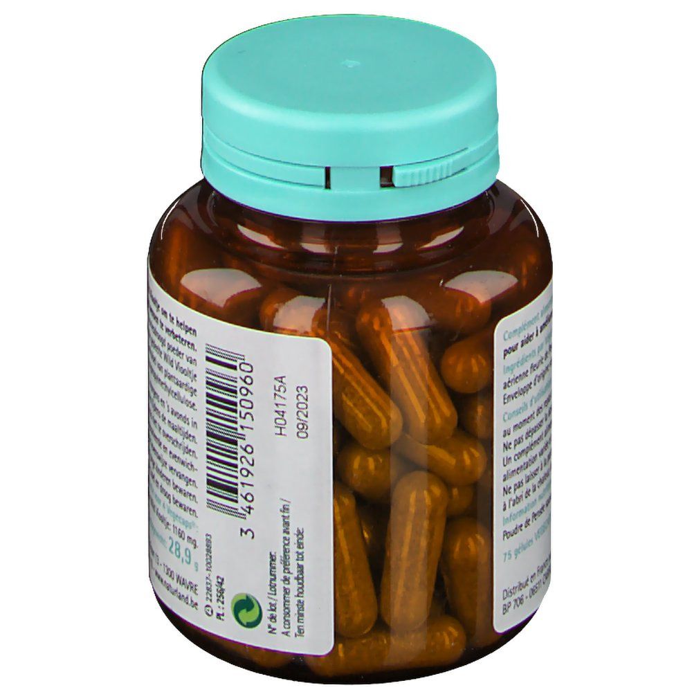 Braune Flasche mit grüner Kappe. Sicht auf Kapseln. Barcode und Chargennummer. 75 Vegecaps.