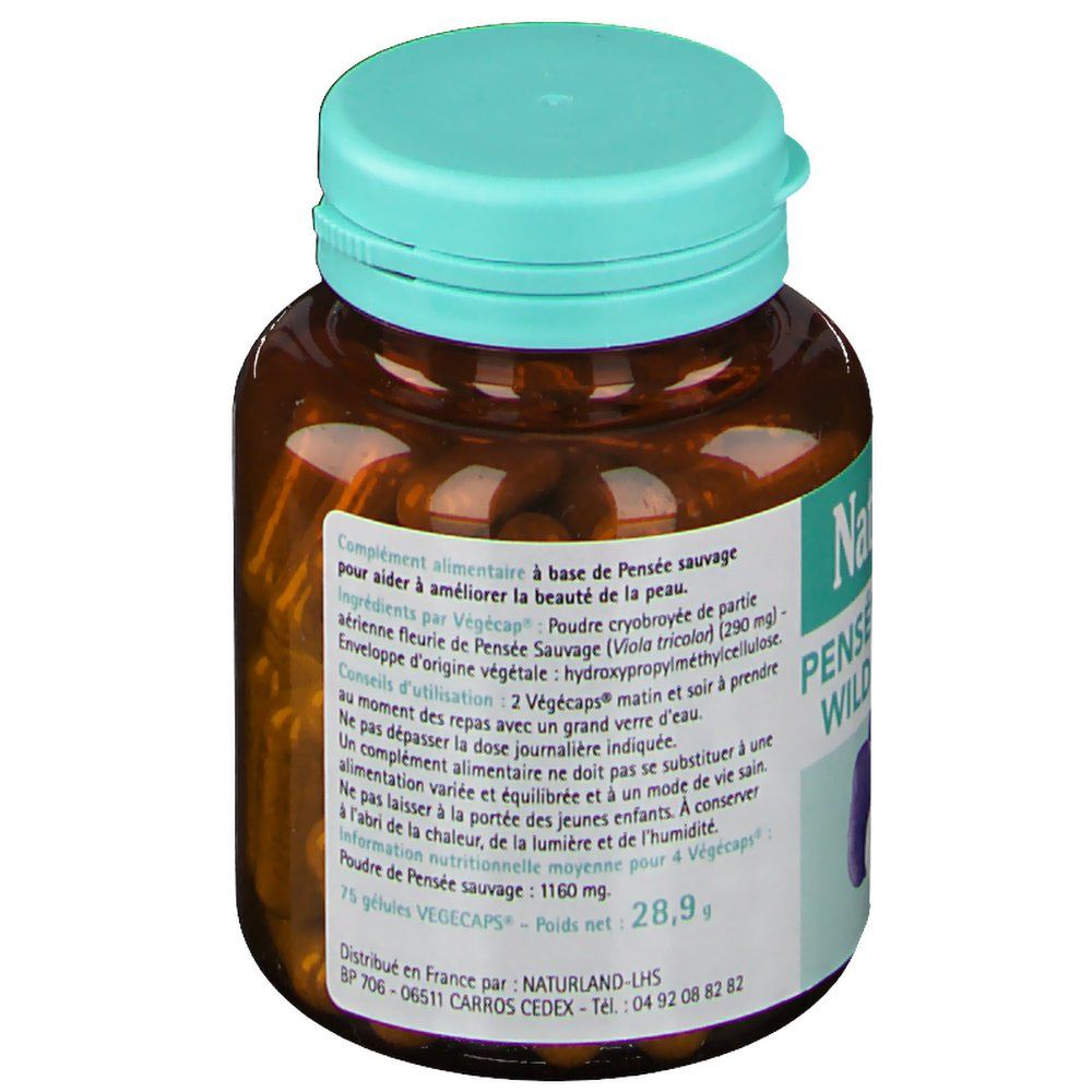 Braune Flasche mit grüner Kappe. Rückseite mit Text. 75 Vegecaps. Produktinformationen.