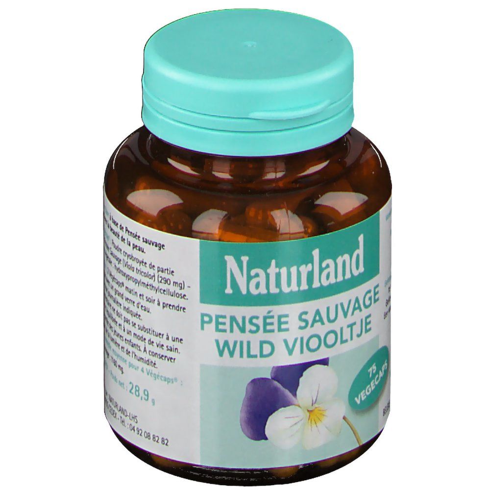 Braune Flasche mit grüner Kappe. Aufschrift: Naturland PENSÉE SAUVAGE WILD VIOOLTJE. 75 Vegecaps. Abbildung einer Blüte.