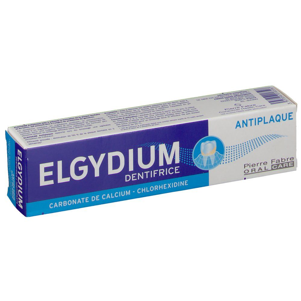 Zahncreme-Schachtel, blau-weiß. Aufschrift: ELGYDIUM DENTIFRICE, Antiplaque, Pierre Fabre Oral Care. Enthält Calciumcarbonat und Chlorhexidin.