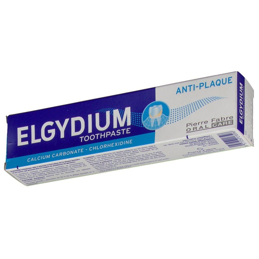 Zahncreme-Schachtel, blau-weiß. Aufschrift: ELGYDIUM TOOTHPASTE, Anti-Plaque, Pierre Fabre Oral Care. Enthält Calciumcarbonat und Chlorhexidin.
