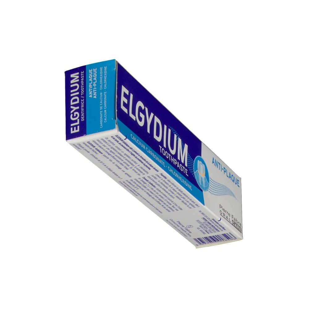 Zahncreme-Schachtel, blau-weiß. Aufschrift: ELGYDIUM TOOTHPASTE, Anti-Plaque, Pierre Fabre Oral Care. Enthält Calciumcarbonat und Chlorhexidin. Perspektivische Ansicht.