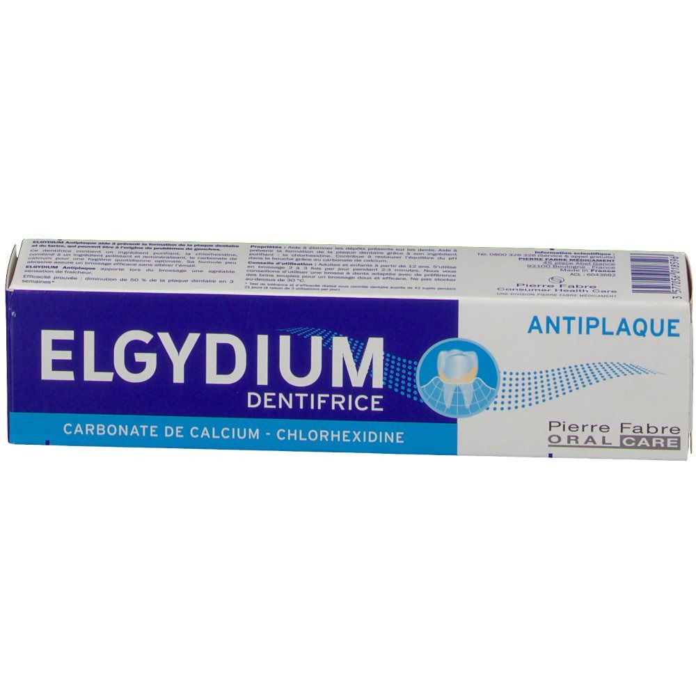 Zahncreme-Schachtel, blau-weiß. Aufschrift: ELGYDIUM DENTIFRICE, Antiplaque, Pierre Fabre Oral Care. Enthält Calciumcarbonat und Chlorhexidin.