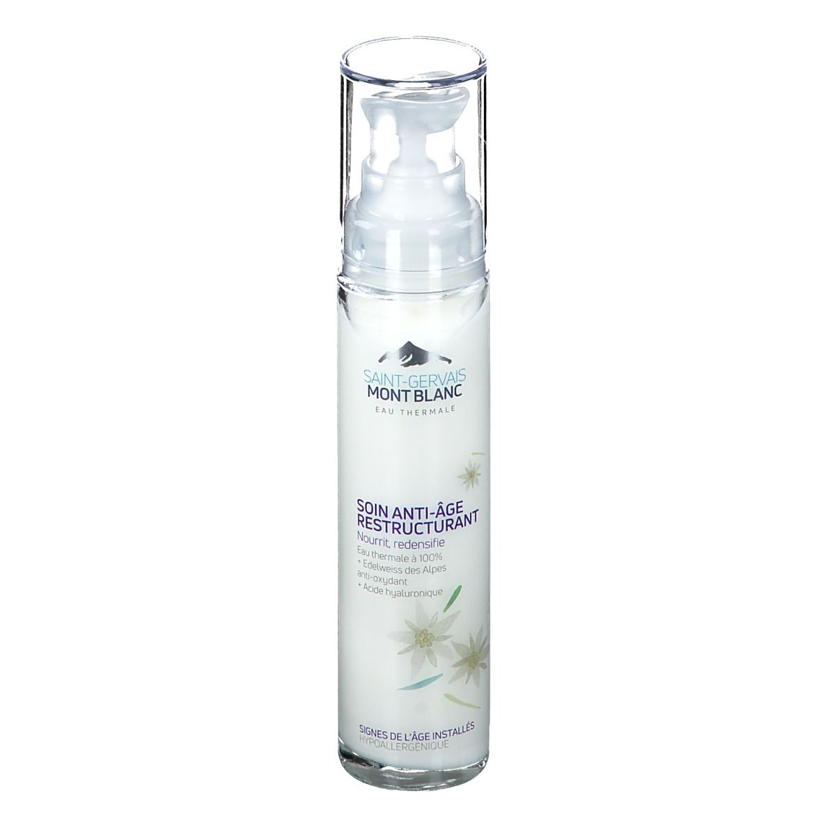Produktflasche mit Pumpverschluss. Aufschrift: SAINT-GERVAIS MONT BLANC. Produktname: SOIN ANTI-ÂGE RESTRUCTURANT.
