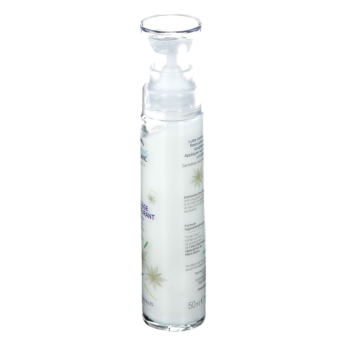 Produktflasche. Aufschrift: SAINT-GERVAIS MONT BLANC. Produktname: SOIN ANTI-ÂGE RESTRUCTURANT. Rückseite mit Text.