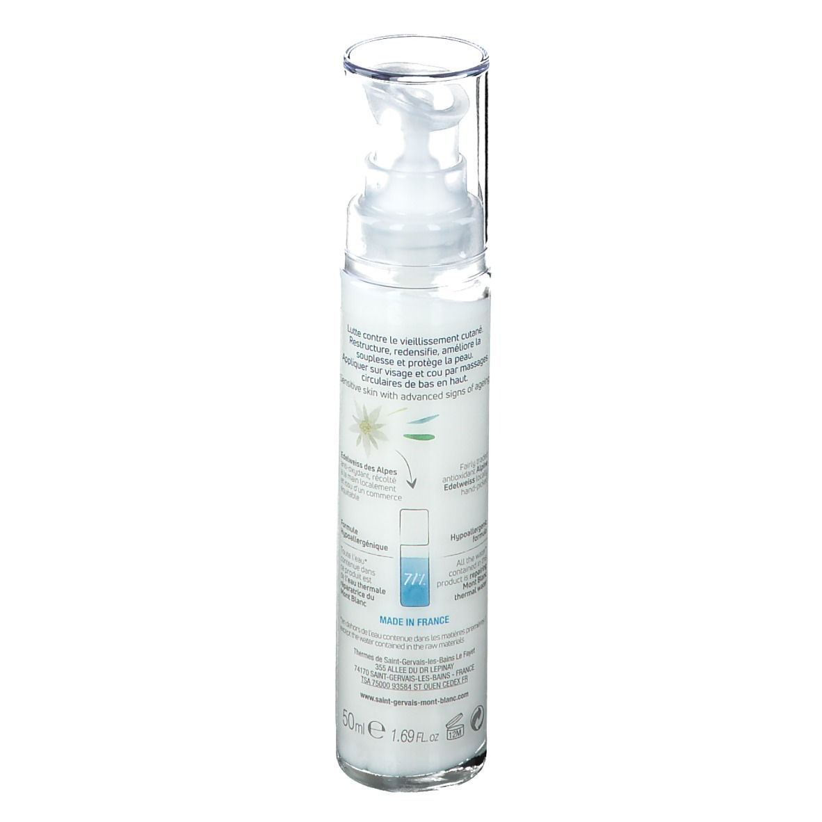 Produktflasche. Aufschrift: SAINT-GERVAIS MONT BLANC. Produktname: SOIN ANTI-ÂGE RESTRUCTURANT. Rückseite mit Text.