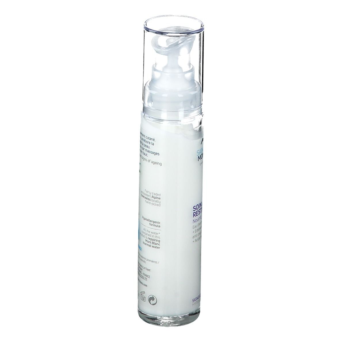 Produktflasche. Aufschrift: SAINT-GERVAIS MONT BLANC. Produktname: SOIN ANTI-ÂGE RESTRUCTURANT. Rückseite mit Text.