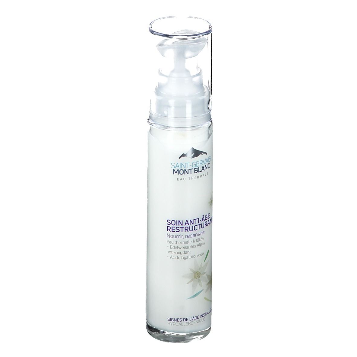 Produktflasche. Aufschrift: SAINT-GERVAIS MONT BLANC. Produktname: SOIN ANTI-ÂGE RESTRUCTURANT.
