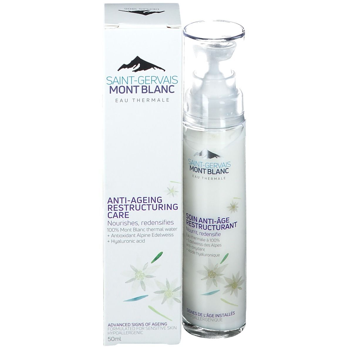 Produktflasche und Verpackung. Aufschrift: SAINT-GERVAIS MONT BLANC. Produktname: ANTI-AGEING RESTRUCTURING CARE.